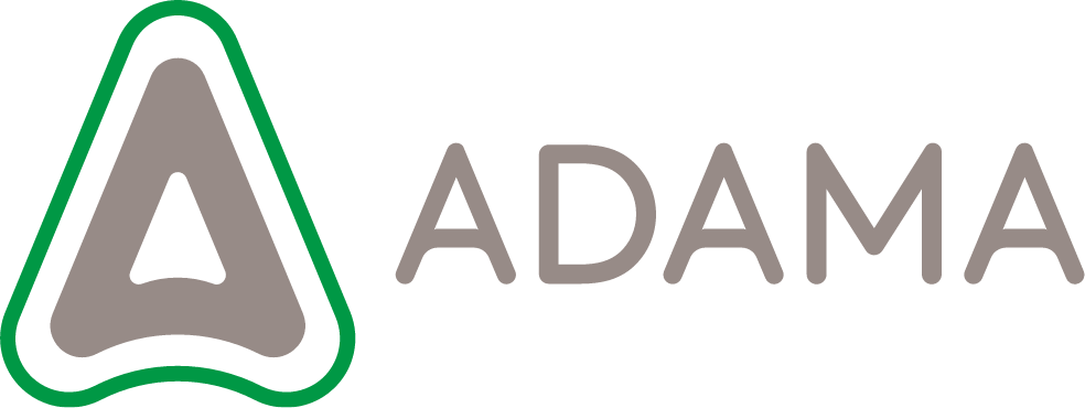 ADAMA logo with a gray triangular emblem outlined in green and the word ADAMA to the right.